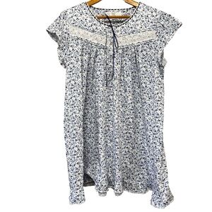 Eileen West White Blue Floral Cotton Knit Short Nightgown Large Ruffle Hem